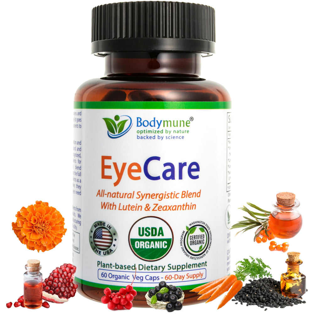 Bodymune EyeCare bottle closeup highlights vegan capsules for daily eye health support.