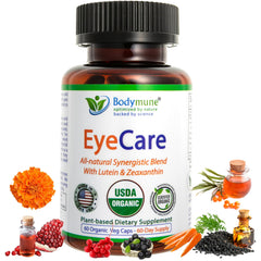 Bodymune EyeCare bottle closeup highlights vegan capsules for daily eye health support.