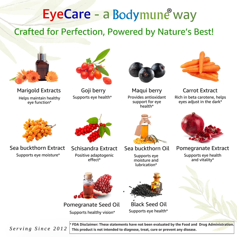 Bodymune EyeCare vegan non-GMO stamp communicates plant-based, clean formula.