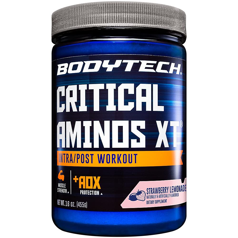 BodyTech Critical Aminos XT bottle close-up for convenient pre or post workout fueling