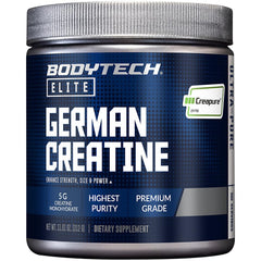 BodyTech Elite Creapure creatine bottle closeup highlighting premium purity for workouts