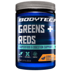BodyTech Greens + Reds powder citrus bottle for daily wellness on the go.