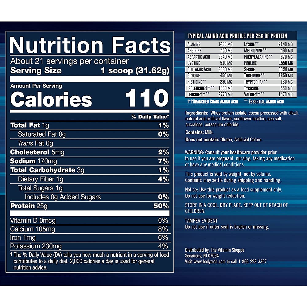 Close-up of BodyTech label on whey isolate bottle for premium protein.