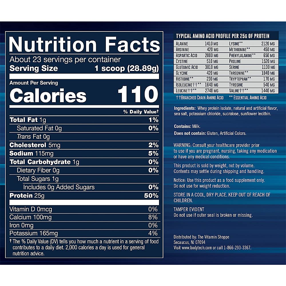 BodyTech Whey Protein Isolate vanilla bottle—gluten-free formula for versatile use.