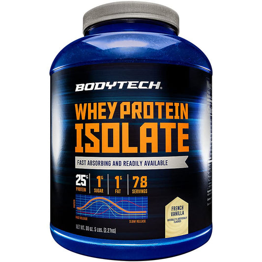 BodyTech Vanilla whey protein isolate tub for post-workout protein