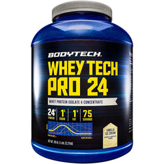 BodyTech Whey Tech Pro24 vanilla powder container for post-workout refueling.