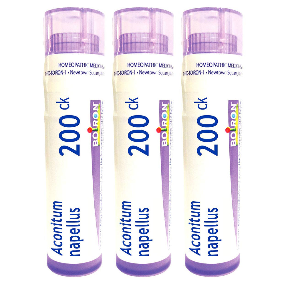 Boiron Aconitum Napellus 200CK tubes with quick-dissolving pellets for fever relief.