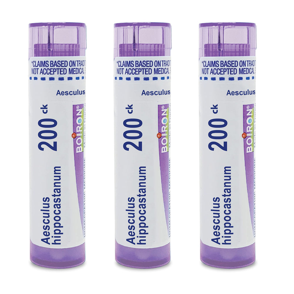 Boiron Aesculus Hippocastanum pellets dissolve on the tongue for on-the-go relief.