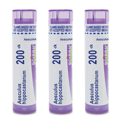 Boiron Aesculus Hippocastanum pellets dissolve on the tongue for on-the-go relief.