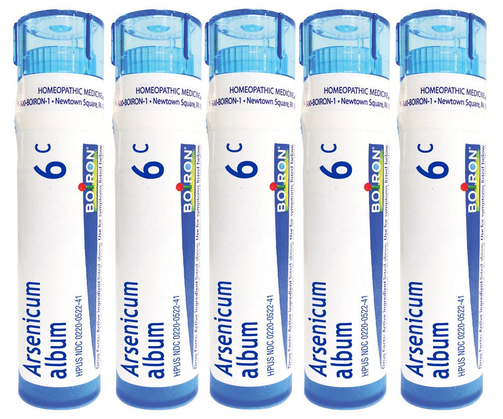 Boiron Arsenicum Album 6C pellets for non-drowsy stomach upset support.