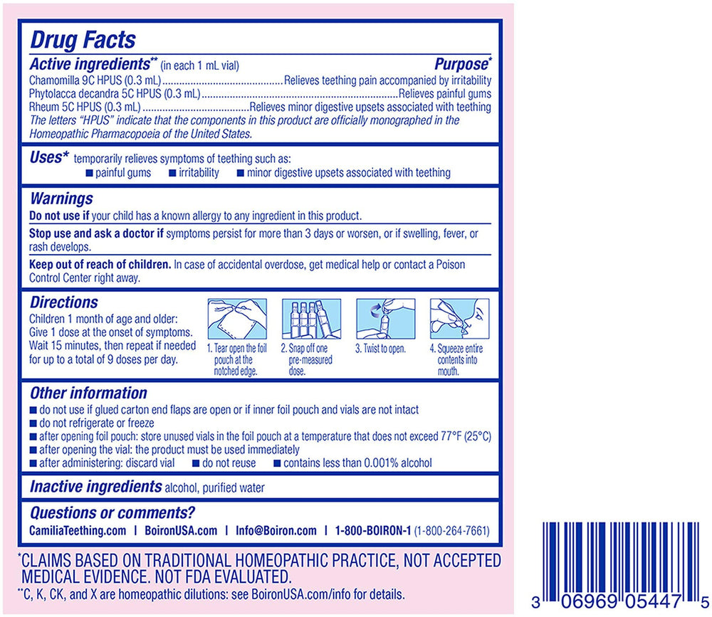 Boiron Camilia Drops dosing vials ready for pre-measured relief