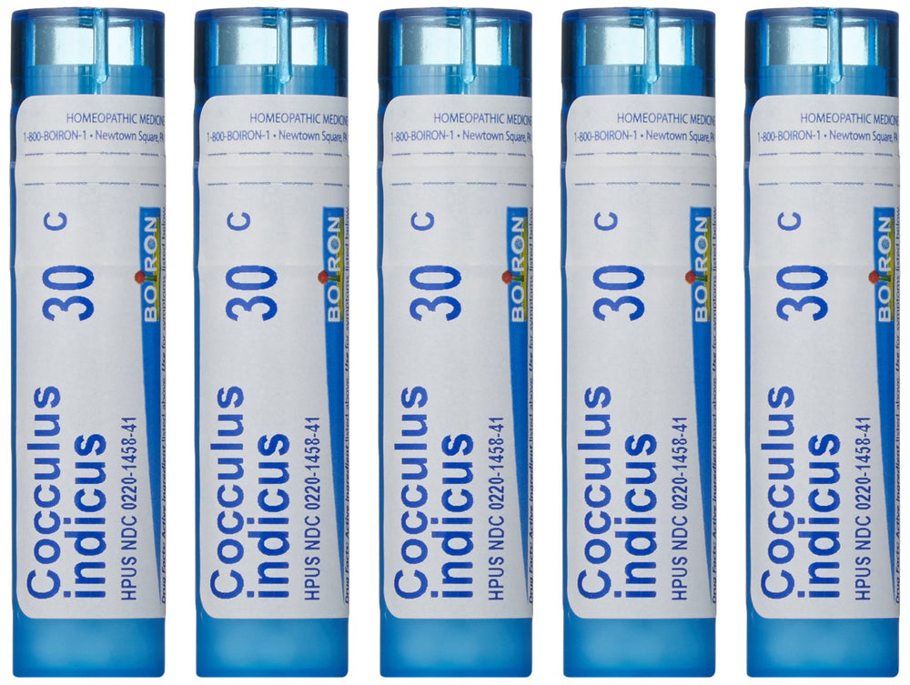 Boiron Cocculus Indicus 30C bottle shown for travel-friendly motion support