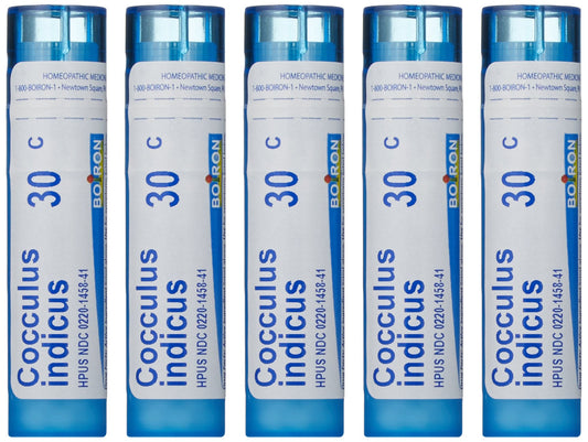 Boiron Cocculus Indicus 30C bottle shown for travel-friendly motion support