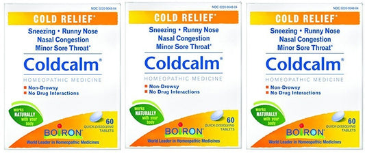 Boiron Coldcalm bottle with 60 tablets for convenient cold symptom support at home