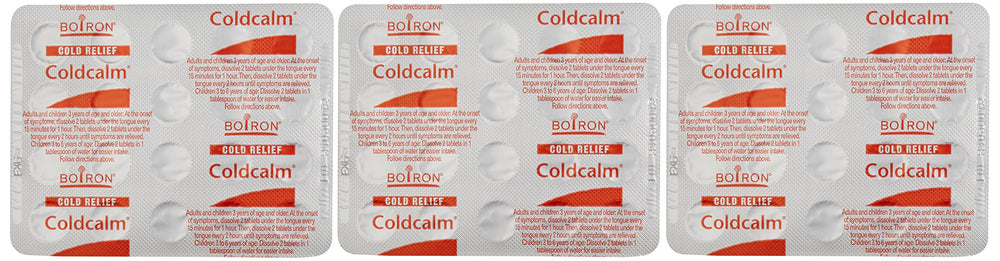 Boiron Coldcalm box packaging highlights a 3-pack option.