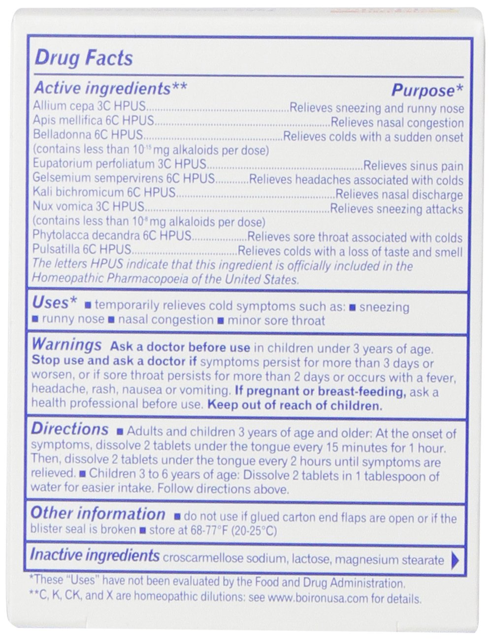 Boiron Coldcalm label close-up noting natural active ingredients.