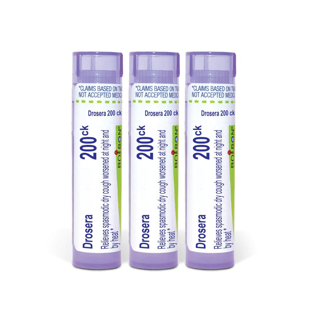Boiron Drosera Rotundifolia 200Ck pellets in dispensing tubes for on-the-go use