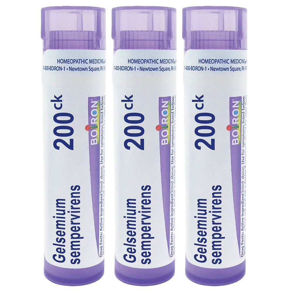 Boiron Gelsemium pellets in a multi-dose tube for convenient use.