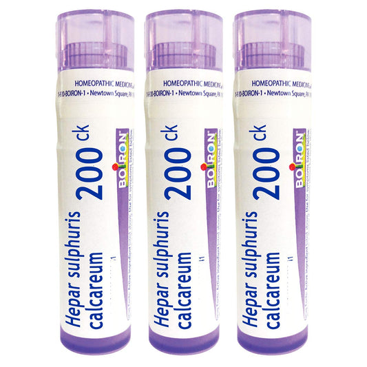 Boiron Hepar Sulphuris 200CK pellets in a tube for quick cough relief.