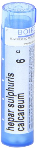 Boiron Hepar Sulphuris Calcareum 6C pellets shown in a quick-dissolving format for travel.