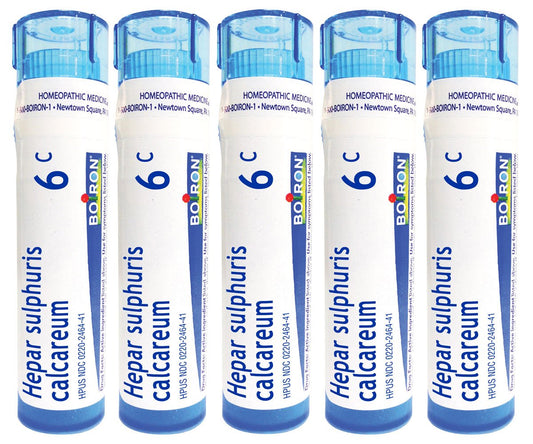 Boiron Hepar Sulphuris Calcareum 6C pellets dissolve quickly for cough relief.