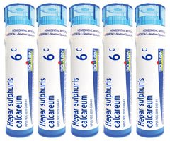 Boiron Hepar Sulphuris Calcareum 6C pellets dissolve quickly for cough relief.