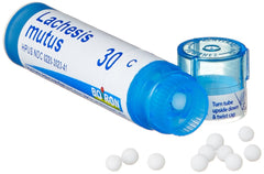 Boiron Lachesis Mutus 30C during first signs, non-drowsy option for daytime relief.