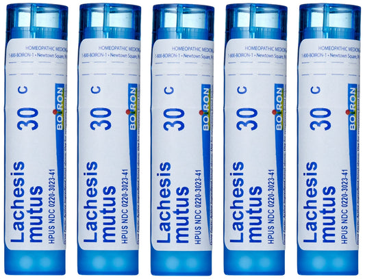 Boiron Lachesis Mutus 30C pellets, quick-dissolving format for on-the-spot symptom support.