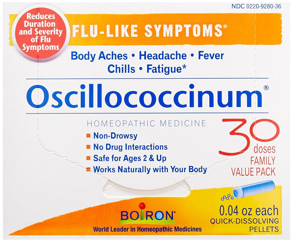 Boiron Oscillococcinum box and tubes for convenient flu-like symptom relief.