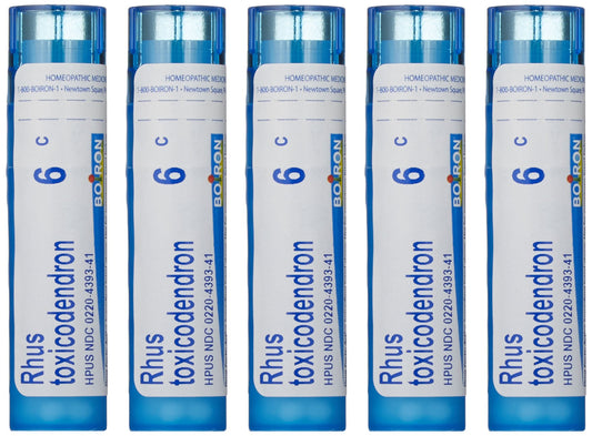 Boiron Rhus Toxicodendron 6C pellets in tubes front for gentle joint support