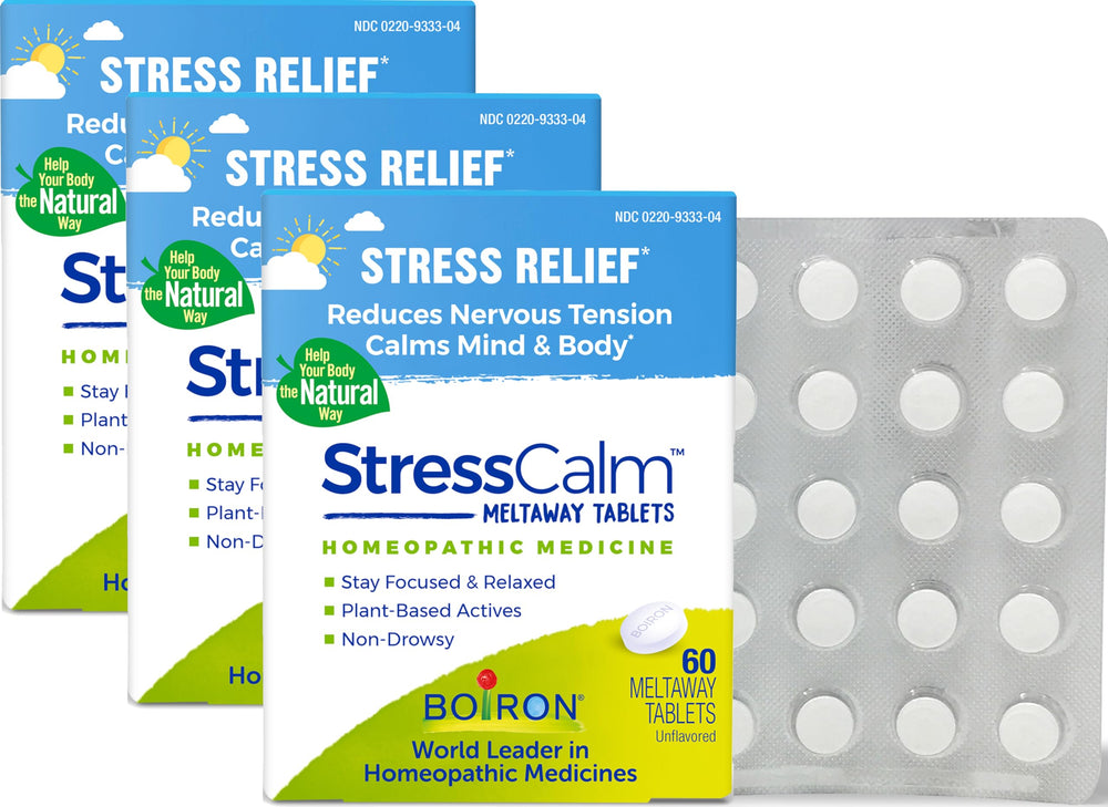 Boiron StressCalm meltaway tablets dissolve quickly for discreet on-the-go calm.