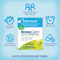 Relaxed office worker uses Boiron StressCalm for focused calm.