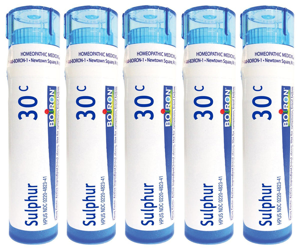 Boiron Sulphur 30C pellets in tube for gentle skin comfort.
