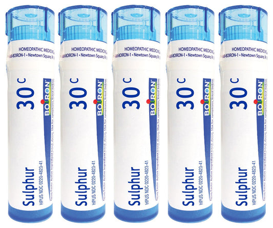 Boiron Sulphur 30C pellets in tube for gentle skin comfort.