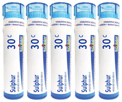 Boiron Sulphur 30C pellets in tube for gentle skin comfort.