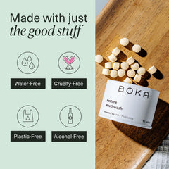 Close-up of Boka mint mouthwash tablets highlighting mint flavor for lasting freshness.