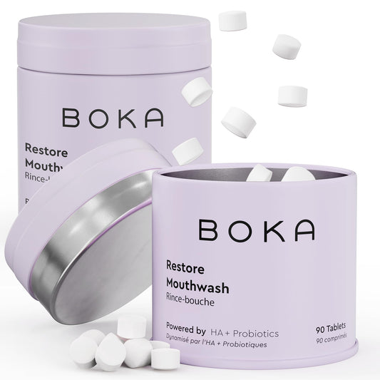 Boka travel-size mouthwash tablets shown on front packaging for on-the-go freshness.