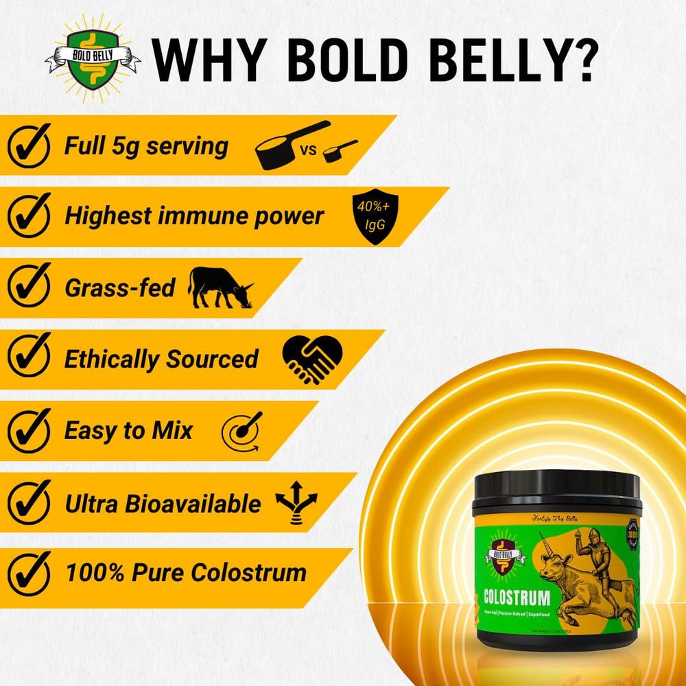 Bold Belly Colostrum Powder label close-up showing purity and no fillers