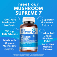 Bold Botanica Mushroom Supreme 7 label close-up highlights organic extracts for potency