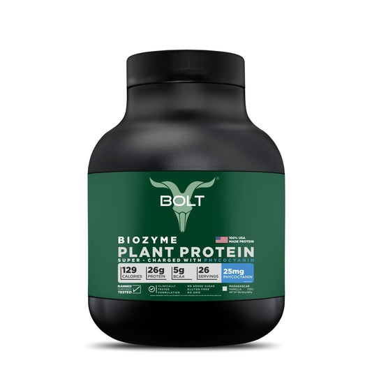Bolt Biozyme Vanilla tub front showing premium vegan protein for muscle support