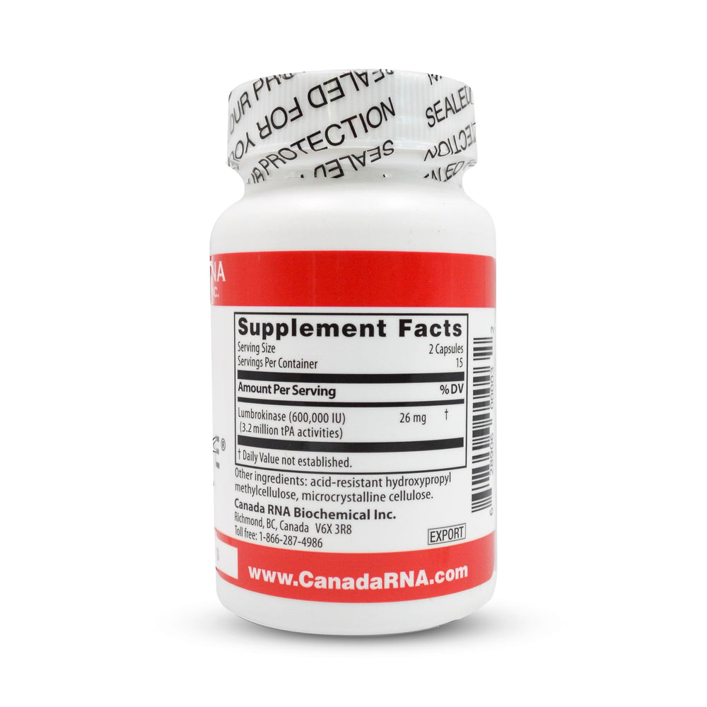 Boluoke Canada RNA Lumbrokinase label closeup highlighting capsule details for daily circulatory support