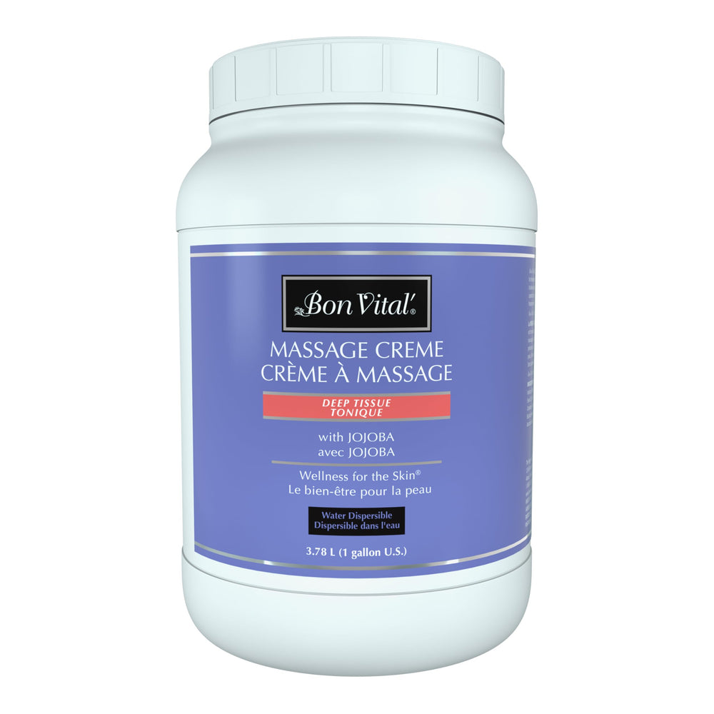 Bon Vital' Deep Tissue Massage Creme bottle pour provides a smooth glide for deep tissue work.