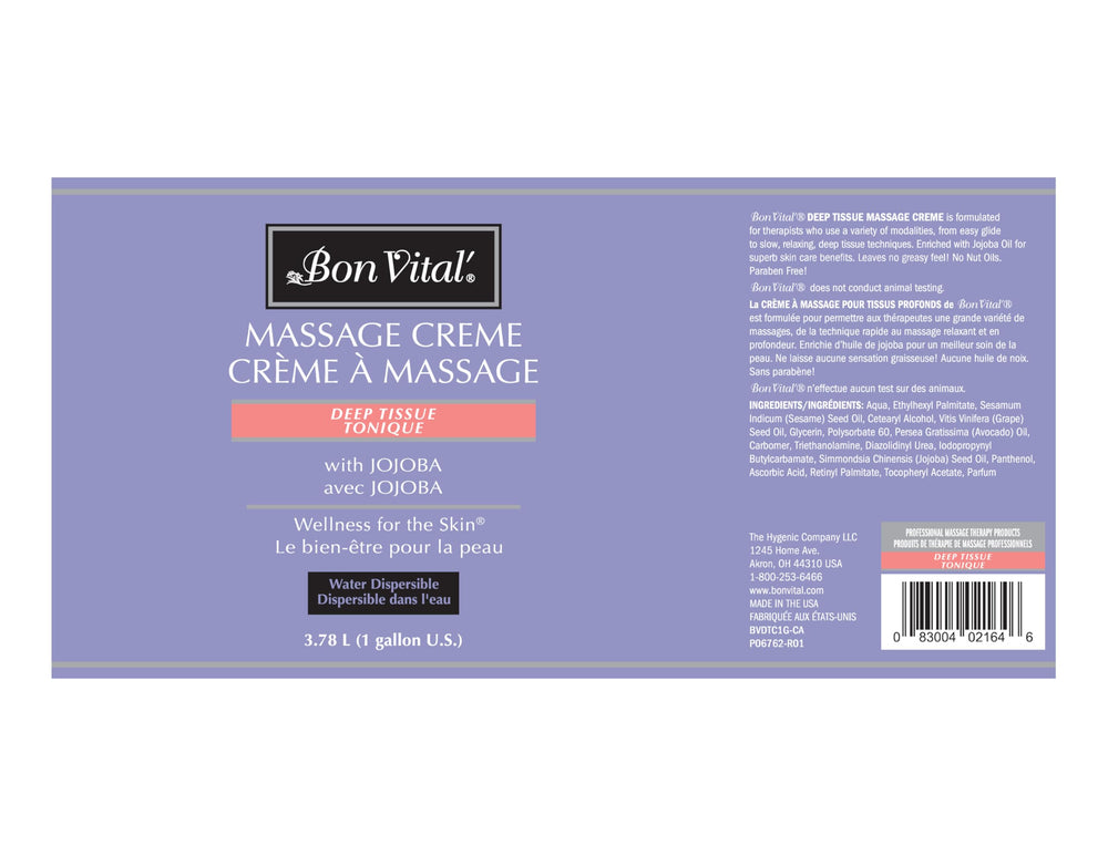 Bon Vital' Deep Tissue Massage Creme texture closeup highlights quick-absorb, non-greasy formula for clients.
