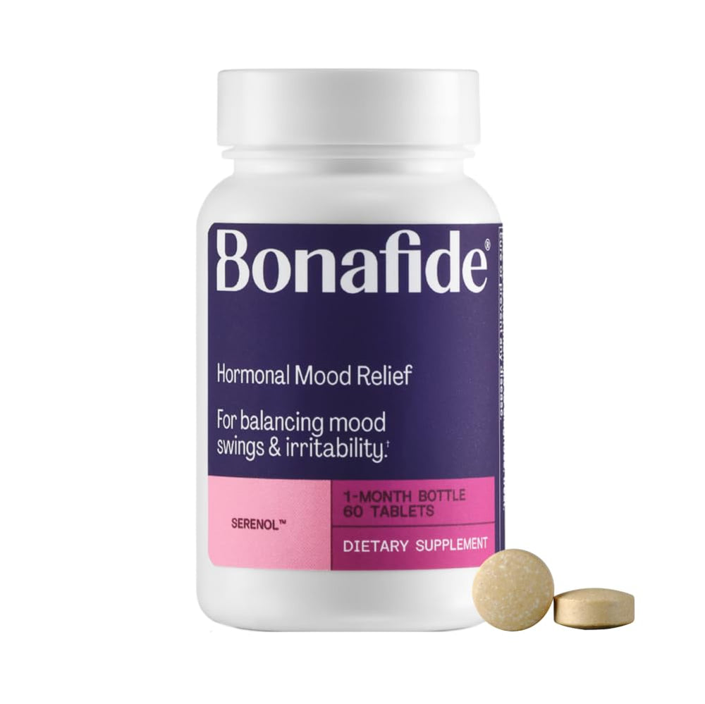 Bonafide Serenol bottle label close-up highlighting natural mood support during PMS