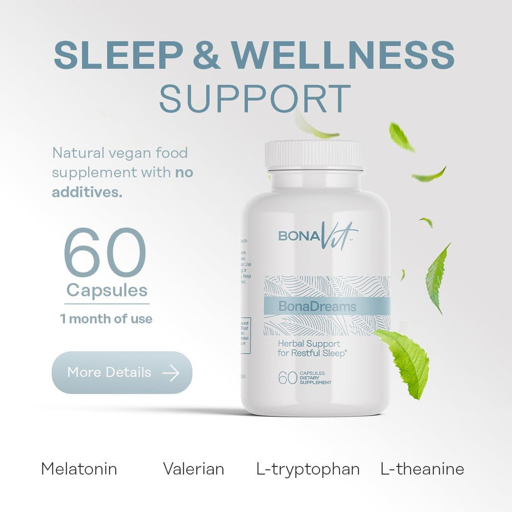 Close-up of BonaDreams capsules showing melatonin blend for bedtime support
