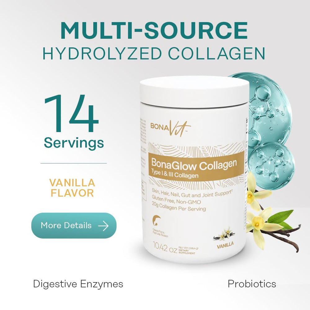 Bonavit Collagen Peptides being stirred into a latte for a creamy vanilla drink.