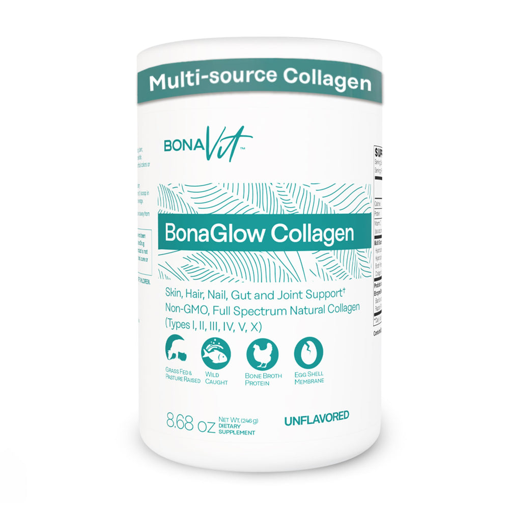 Bonavit Multi Collagen Powder jar shows premium blend for daily versatile use.