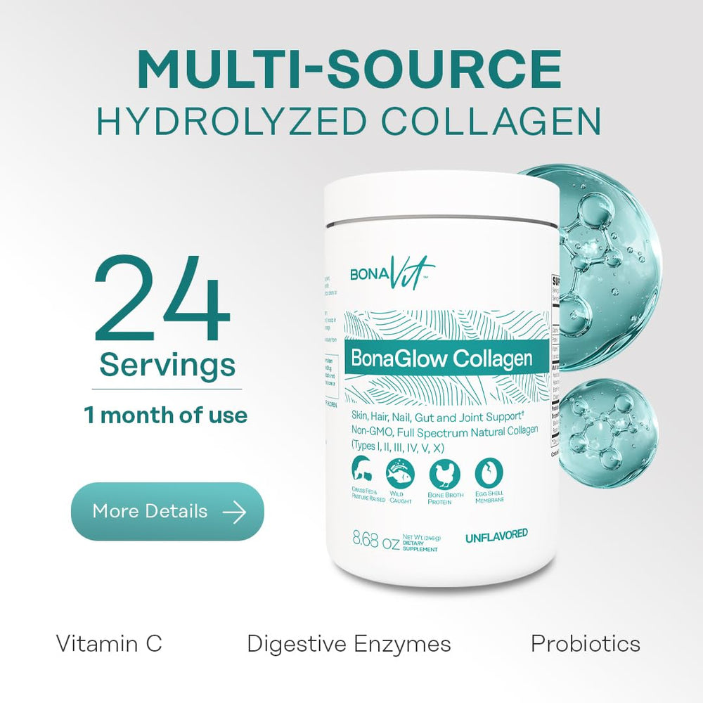 Bonavit Multi Collagen Powder scoop demonstrates mess-free serving and precise dosing.
