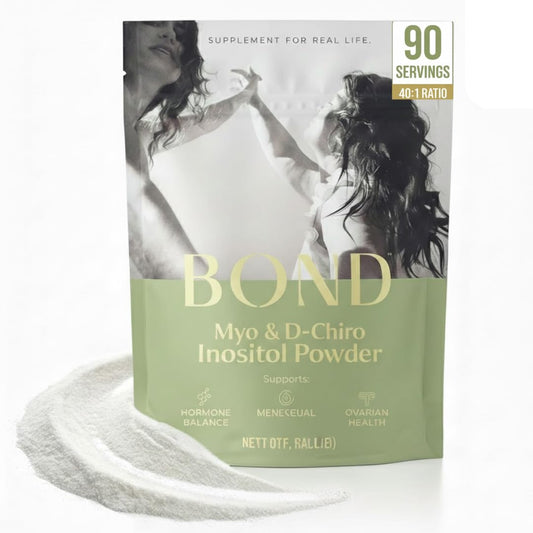 Bond Myo-Inositol & D-Chiro Inositol bottle close-up may support hormonal balance.