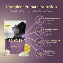 Scoop beside Bond Prenatal Drink Mix powder for easy single-serving preparation.